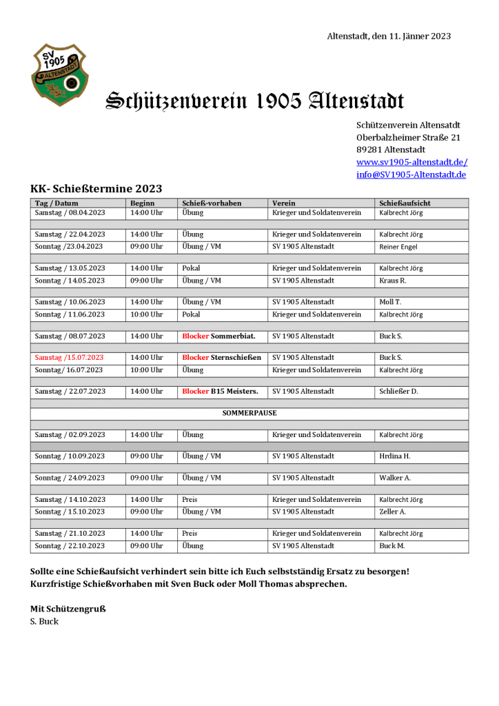 KK Schießplan 2022
